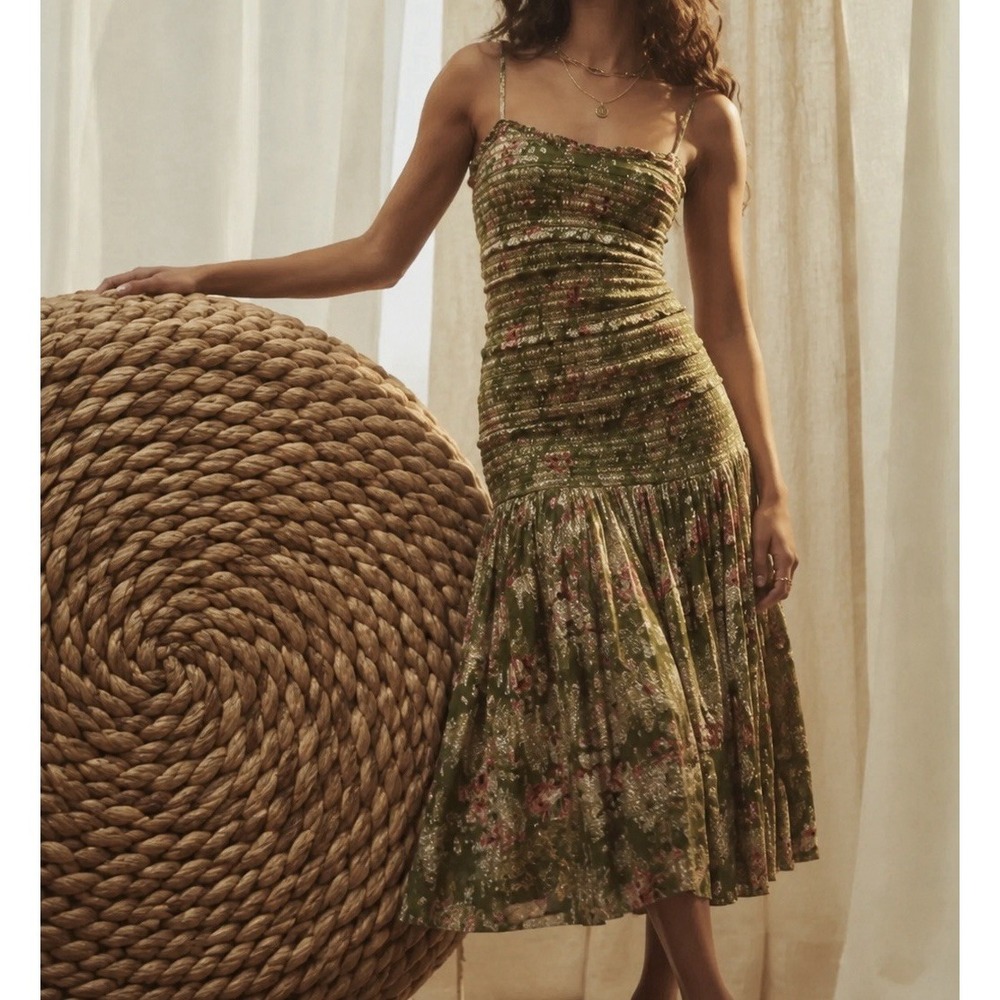 Hemant & Nandita Neem Smocked Green Metallic Midi Dress Sz S Maya Suki Roop Amal